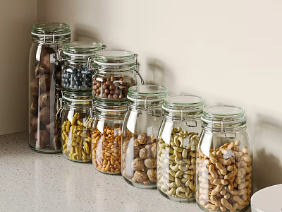 Neatly Arranged Glass Jars Filled With Assorted Nuts On Kitchen Countertop 3d model