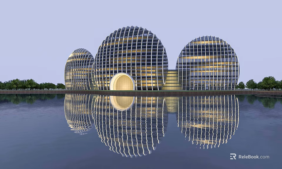 Modern Spherical Hotel Building With Glass Metal Structure And Water Reflection 3d model 