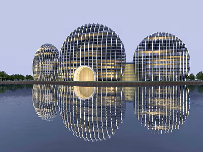 Modern Spherical Hotel Building With Glass Metal Structure And Water Reflection 3d model