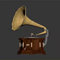 Vintage Phonograph With Golden Horn Wooden Base And Black Vinyl Turntable