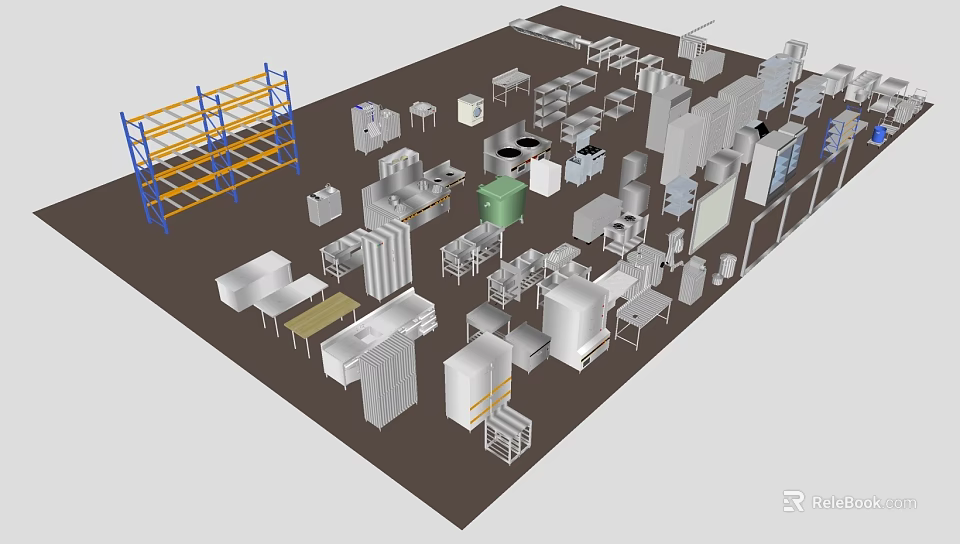 Diverse Commercial Kitchen Appliances Collection With Metal Storage Shelves And Display Racks 3d model 