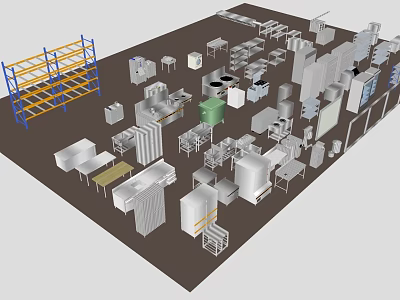 Diverse Commercial Kitchen Appliances Collection With Metal Storage Shelves And Display Racks 3d model