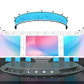 Modern Stage Design With Large Curved Screens Logo Display And Blue Lighting