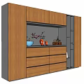 Modern Wooden Decorative Cabinet with Vase Flowers Orange Ornaments Drawers and Open Shelves
