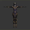 Fantasy Game and Movie Character in Purple Black Armor Outfit with Gold Accents and Mask