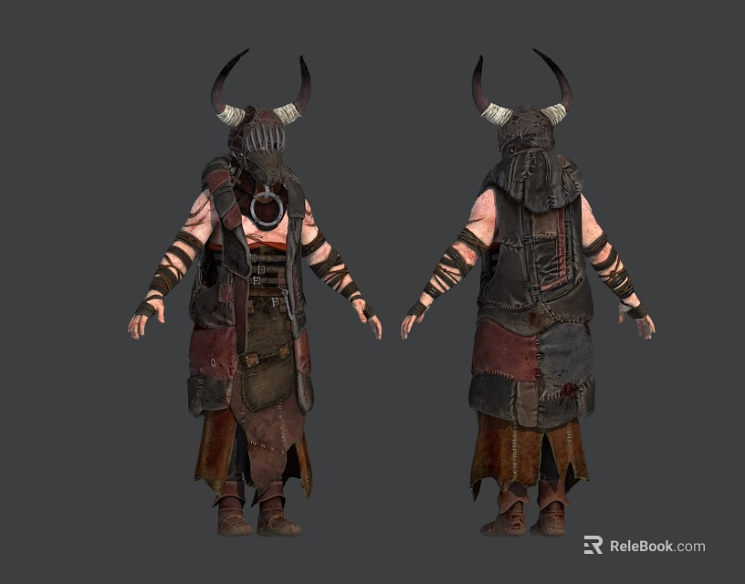 Game Movie Horned Character In Back View Wearing Armor Leather Outfit And Striped Arm Tattoos 3d model 