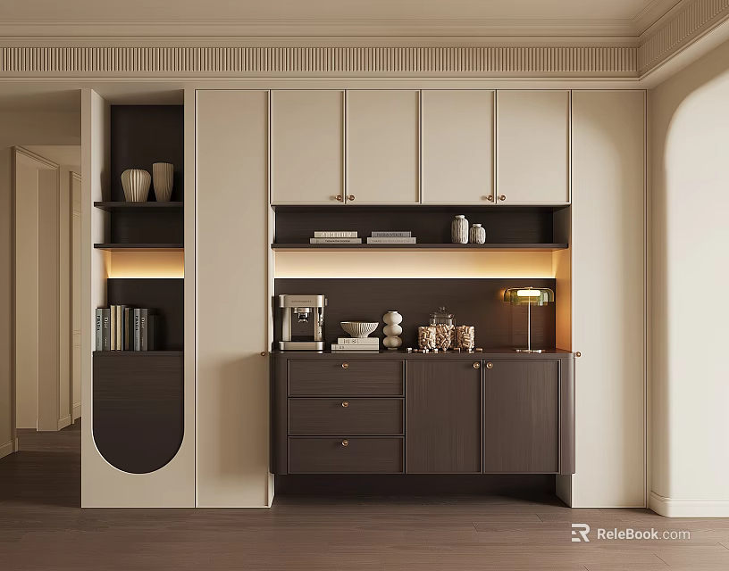 Modern Elegant Sideboard With Light And Dark Wood Tones Storage And Coffee Machine 3d model 