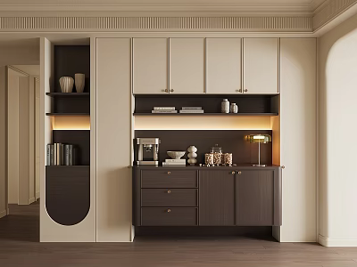 Modern Elegant Sideboard With Light And Dark Wood Tones Storage And Coffee Machine 3d model