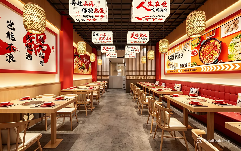 Traditional Chinese Hotpot Restaurant Interior With Red Decorations Wooden Tables Lanterns And Wall Posters 3d model 