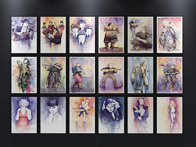 Various Stylish Character Oil Paintings Artistically Arranged On Black Background 3d model