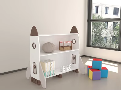 Rocket Shaped White and Brown Bookcase with Books in Kids Room and Colorful Blocks 3d model
