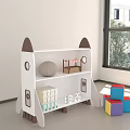 Rocket Shaped White and Brown Bookcase with Books in Kids Room and Colorful Blocks