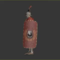 Roman Soldier in Traditional Armor With Red Cloak Helmet Feather Decoration Spear and Shield