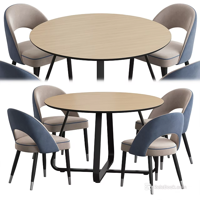 Modern Light Colored Round Dining Table Set With Blue And Beige Upholstered Chairs 3d model