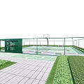 Outdoor Basketball Court Featuring Fence Benches Green Surroundings And Marked Surface