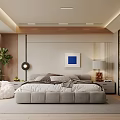 Modern Minimalist Bedroom With Upholstered Bed Blue Artwork Floor Lamp Green Plant And Light Rug