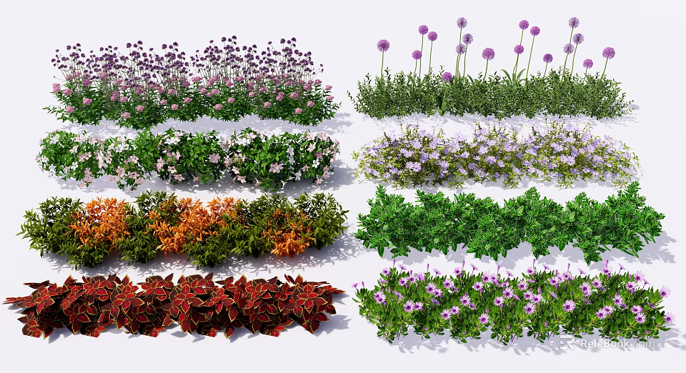 Diverse Colorful Flowers And Green Plants With Purple White Orange Blooms 3d model 