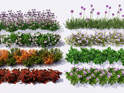 Diverse Colorful Flowers And Green Plants With Purple White Orange Blooms 3d model