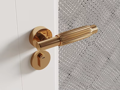 Gold Door Handle With Modern Design On White Door And Gray Woven Texture 3d model