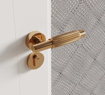 Gold Door Handle With Modern Design On White Door And Gray Woven Texture 3d model