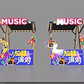 Vibrant Music Party Decorative Booths With Colorful Signage And Cartoon Figures