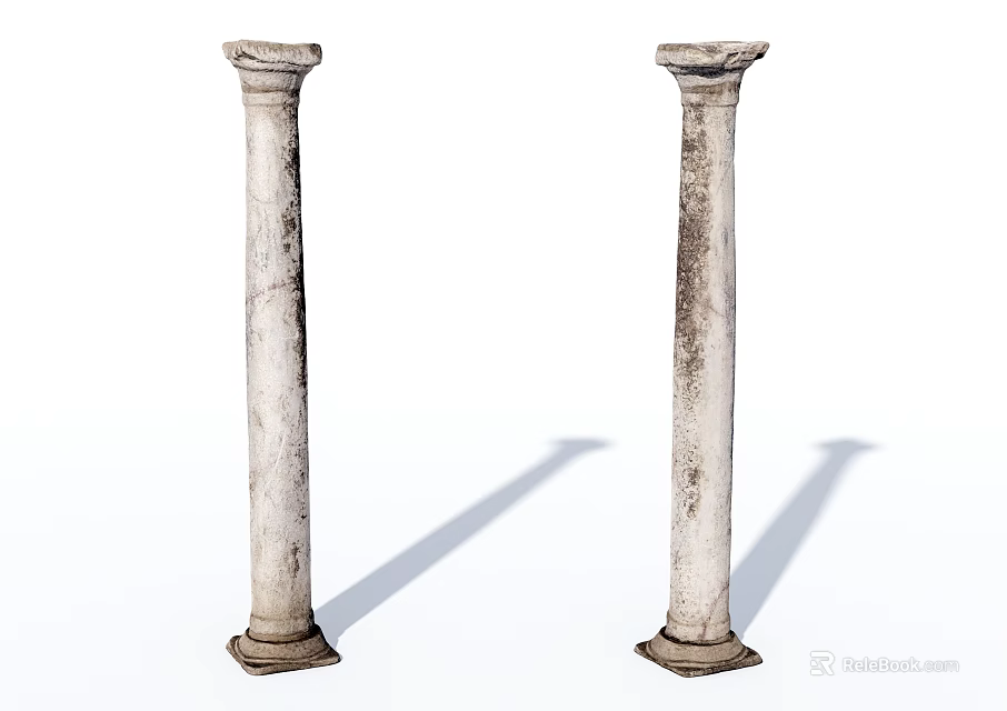 Two Ancient Stone Columns With Worn Surface On White Background And Shadows 3d model 