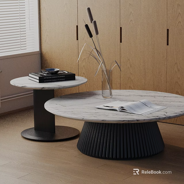 Modern Sofa and Coffee Table Set with Round Marble Tops Black Bases Open Magazine Books 3d model 
