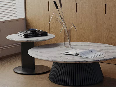 Modern Sofa and Coffee Table Set with Round Marble Tops Black Bases Open Magazine Books 3d model