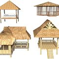Outdoor Thatch Roof Gazebo Structures Featuring Wooden Bamboo Frames Platforms And Ladders