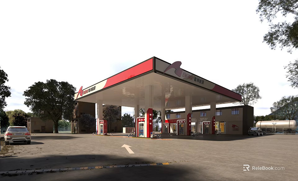 Modern Gas Station Exterior With Red White Canopy Fuel Pumps And Trees 3d model 