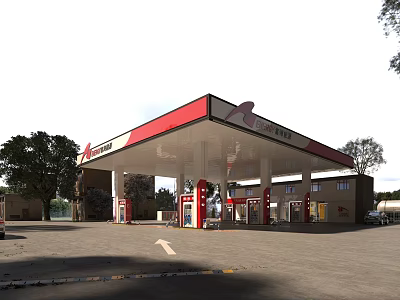 Modern Gas Station Exterior With Red White Canopy Fuel Pumps And Trees 3d model