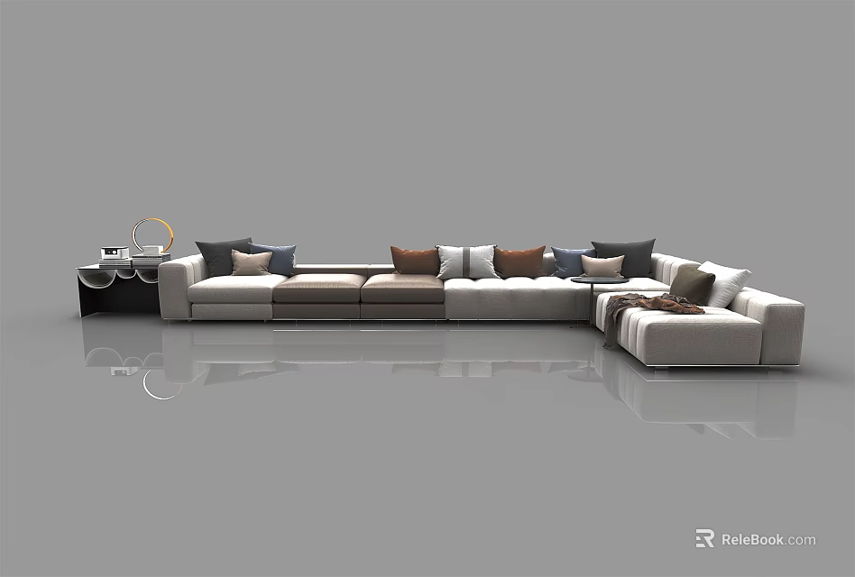 Light Gray Large Sectional Sofa With Colorful Cushions And Modern Side Table 3d model