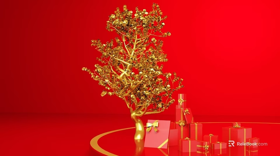 Golden Decorative Tree With Red Background And Gift Boxes 3d model 