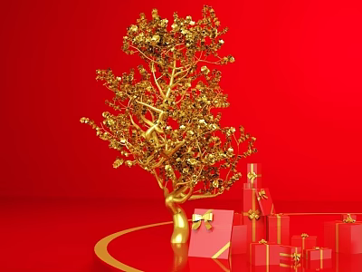 Golden Decorative Tree With Red Background And Gift Boxes 3d model
