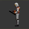 Game And Movie Character In Orange White Astronaut Style Spacesuit Holding Tablet