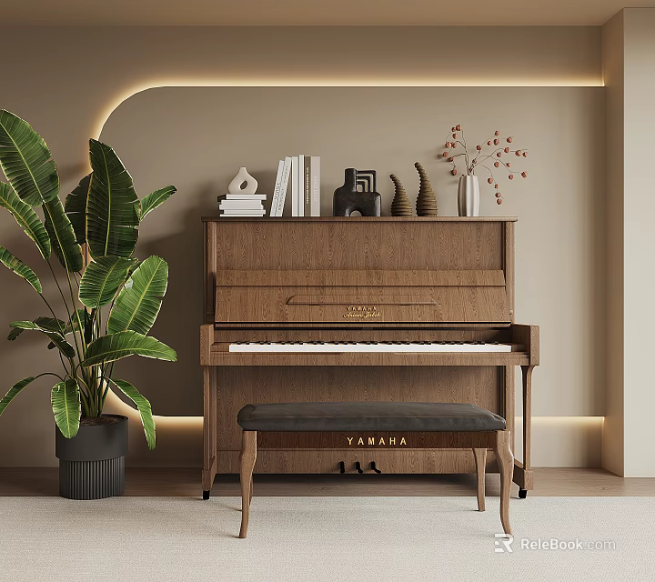 Elegant Room Interior with Yamaha Piano Bench Artistic Decor Green Plant and Bookshelf 3d model 