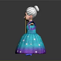 Cartoon Senior Woman in Blue Starry Dress with White Hair Holding Golden Star Wand