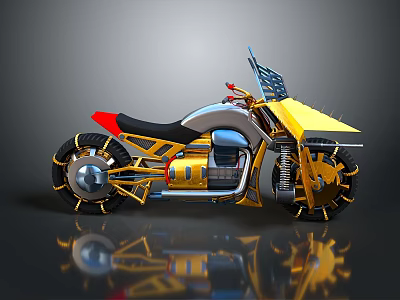 Unique Futuristic Yellow Motorcycle With Red Seat Black Tires And Metal Frame 3d model