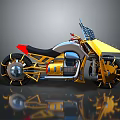 Unique Futuristic Yellow Motorcycle With Red Seat Black Tires And Metal Frame