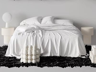 Elegant White Double Bed with Bedside Tables Round Lamps Black Rug and Decorative Spheres 3d model
