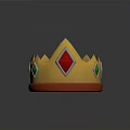 Golden Decorative Crown With Red And Green Diamond Shaped Gems On Wooden Hexagonal Base