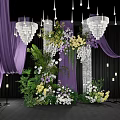Elegant Wedding Ceiling Design with Purple Drapes Crystal Chandeliers and Floral Arrangements