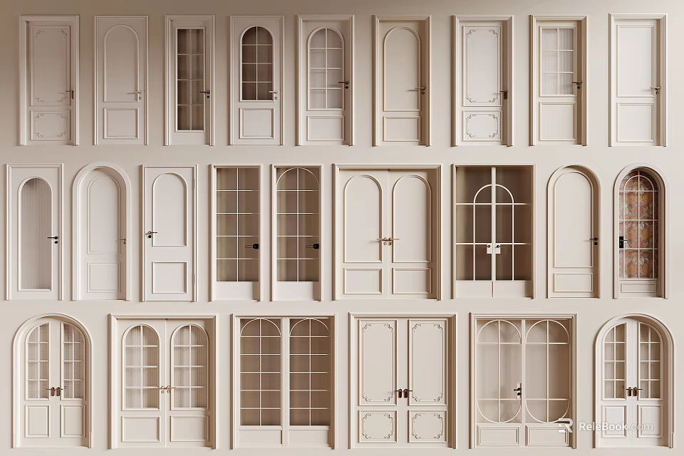 White Interior Hinged Doors With Various Designs Arched Rectangular And Glass Panels 3d model