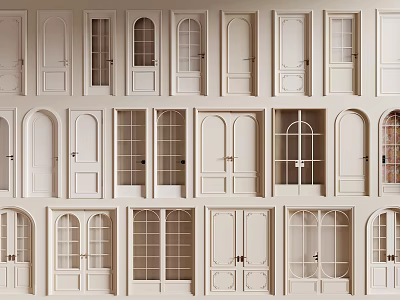 White Interior Hinged Doors With Various Designs Arched Rectangular And Glass Panels 3d model