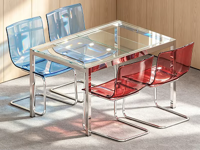 Modern Dining Set with Glass Tabletop Metal Frame and Blue Red Transparent Chairs 3d model