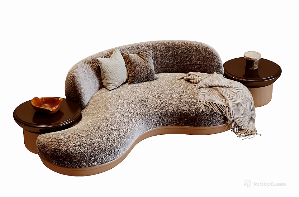 Curved Sofa and Round Coffee Table Set with Beige Plush Cushions Throw Blanket Bowl Cup 3d model 