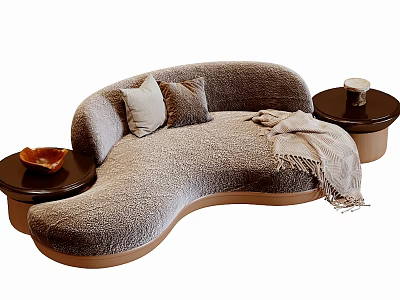 Curved Sofa and Round Coffee Table Set with Beige Plush Cushions Throw Blanket Bowl Cup 3d model