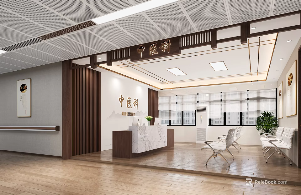 Traditional Chinese Medicine Clinic Interior With Wooden Decor Marble Reception And Green Plants 3d model 