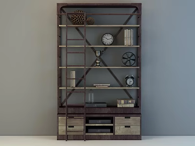 Dark Brown Wooden Shelf Cabinet With Multi tiered Shelves Drawers And Decorative Display Items 3d model
