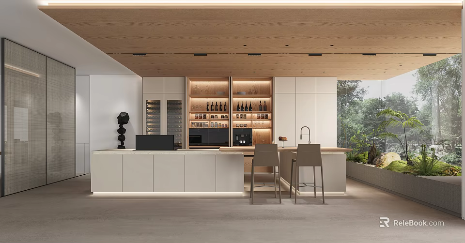 Modern Kitchen Interior With White Cabinets Island Counter Wine Bottles And Wooden Ceiling 3d model 